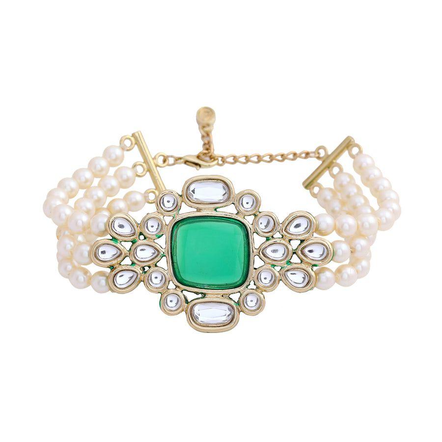 Traditional Kundan Gold Bangle with Royal Emerald Pearls