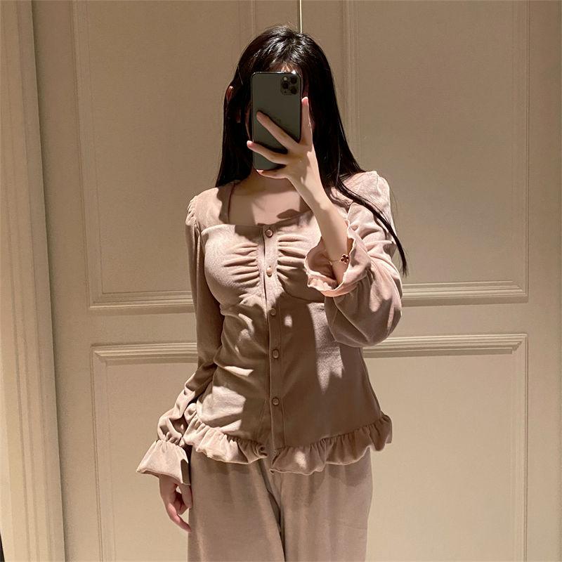 New Pajamas for Women Spring Sweet Square Neck Pajamas Set with Breast Pads Home Clothes Island Velvet Ruffles Home Clothes