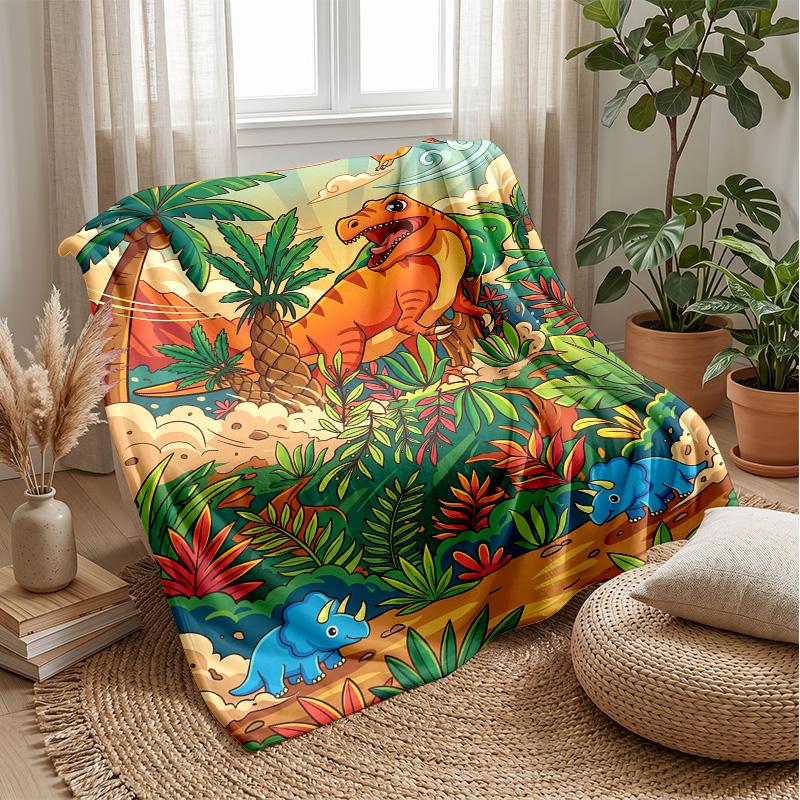 Dinosaur Adventure In Paradise Blanket Personalized Name Flannel Blanket Soft Cozy Plush Throw for Sofa Bed Lightweight Home Decor