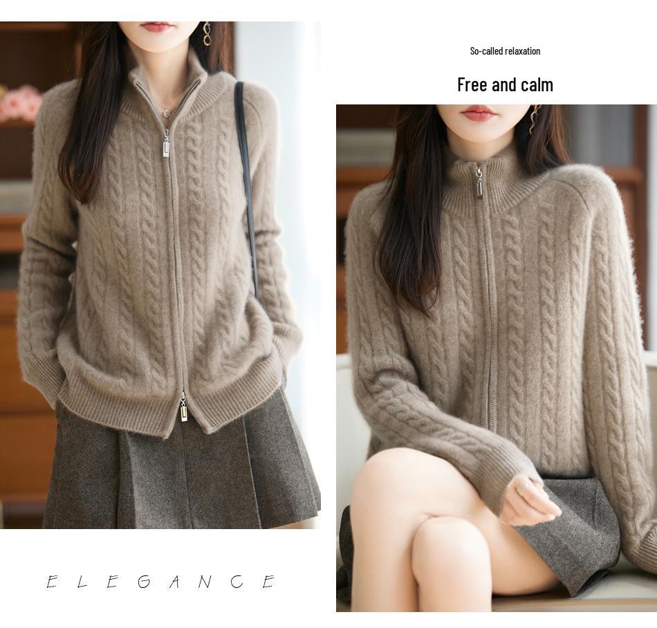 Niche Design Double Zipper Wool Cable Knit Cardigan - Vintage Style, Thick & Cozy for Fall/Winter