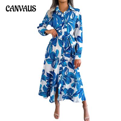 Wiosenno-jesienna sukienka damska Clash Color Floral z klapami i sznurowaną sukienką koszulową Długa sukienka