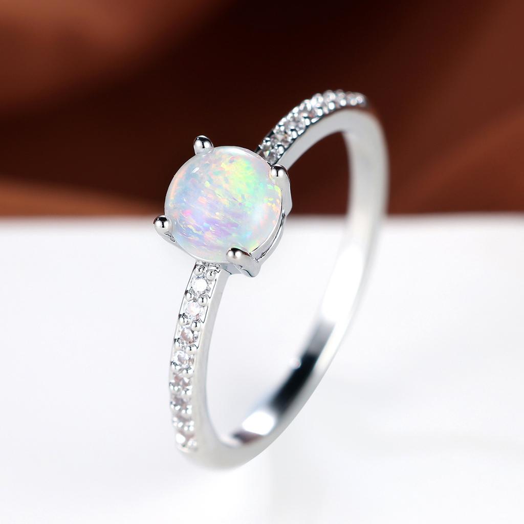 White opal ring, round opal jewelry with diamonds, gentle design