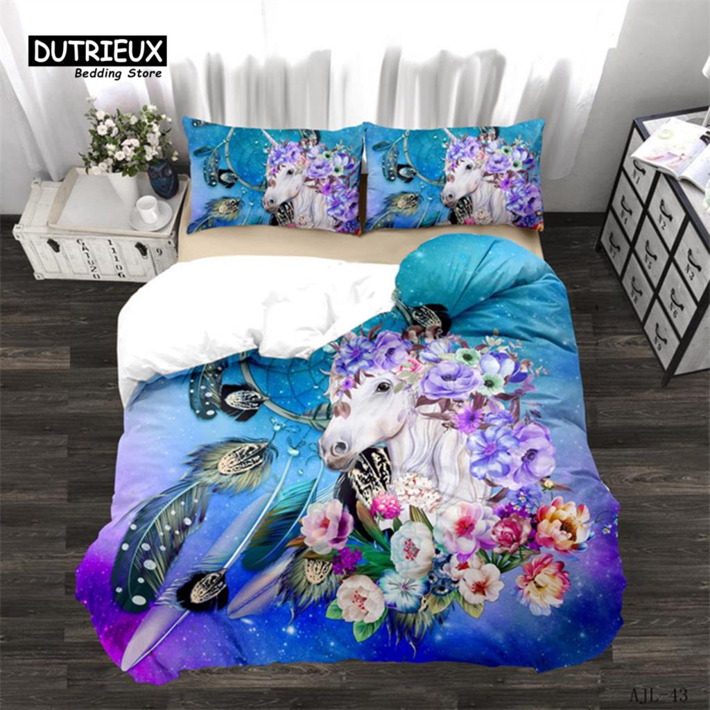 

Comforter Colorful Unicorn Animals Print Single King Queen Bedding Set Microfiber With Zipper Closure Home Textile Comforter (quilt)-EU Single(135*200cm)3pcs