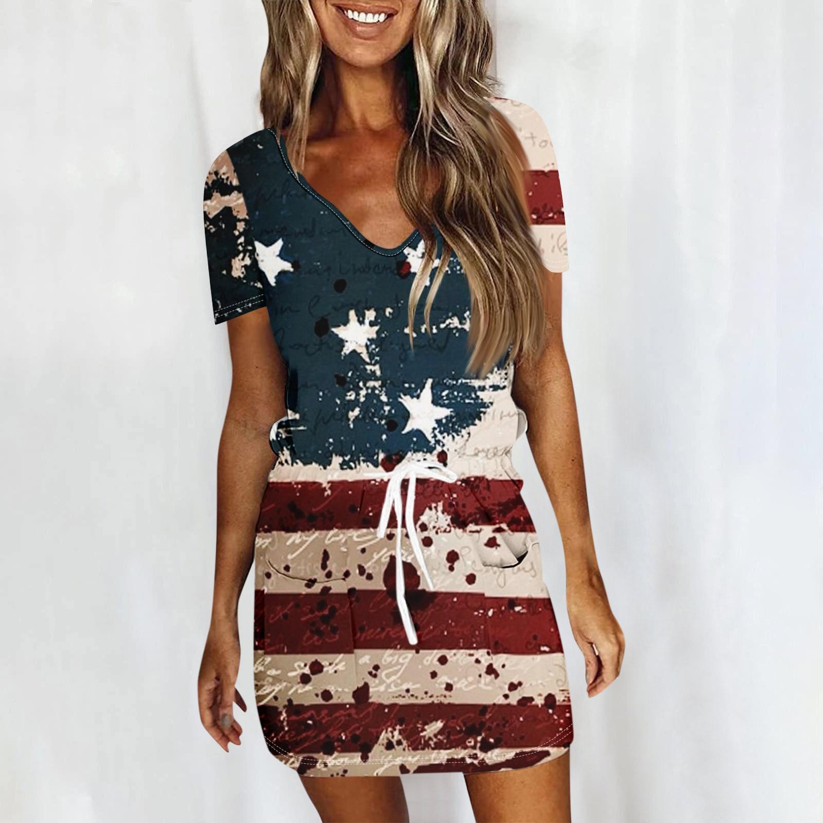 

Женское летнее повседневное модное платье с короткими рукавами и кулиской на день независимости S