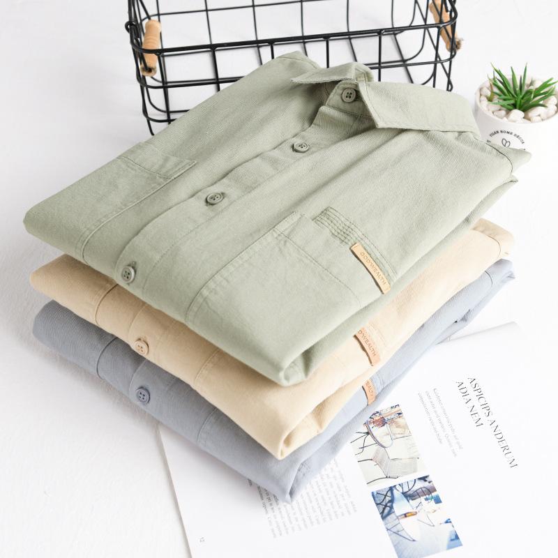 Spring/Autumn 100 Cotton Mens Long Sleeved Shirts Daily Casual Tops Turn Down Collar Double Pockets Green Shirt Korean Retro Style Men Clothing
