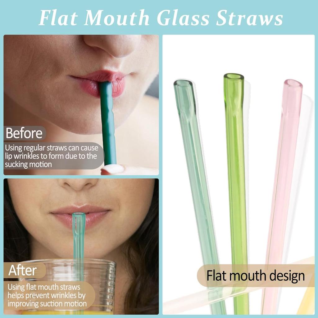 7.9 in Anti Wrinkle Straw, 5 Pcs Flat Mouth Glass Straws Shatter Resistant for Lip Wrinkles Prevention with Cleaner Brush, Reble Glass Drinking