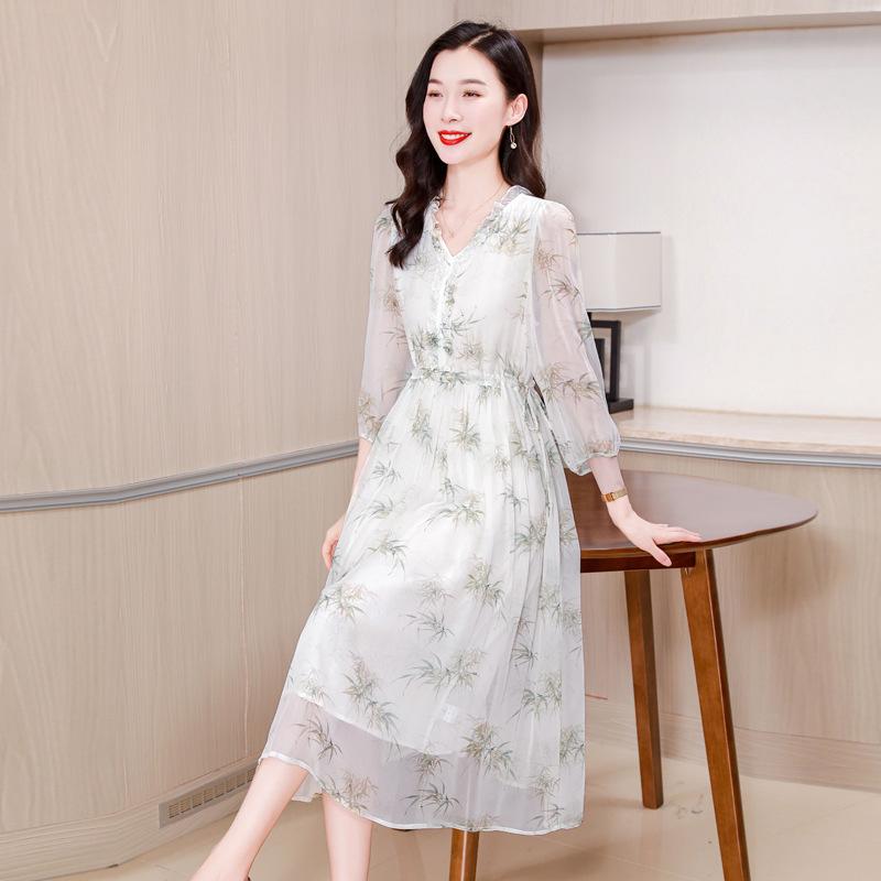 

Шелковое платье с V-образным вырезом, завязкой на талии и тонкое интеллектуальное модное платье из шелка тутового дерева средней длины M белый