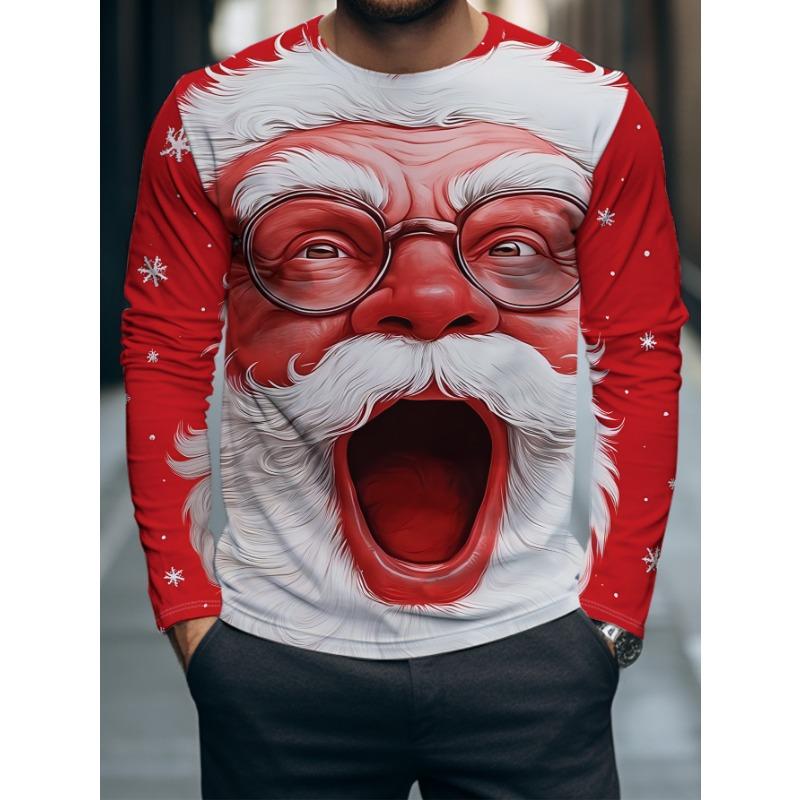 Men's casual long-sleeved T-shirt Santa Claus with white beard and white hair wearing glasses, versatile