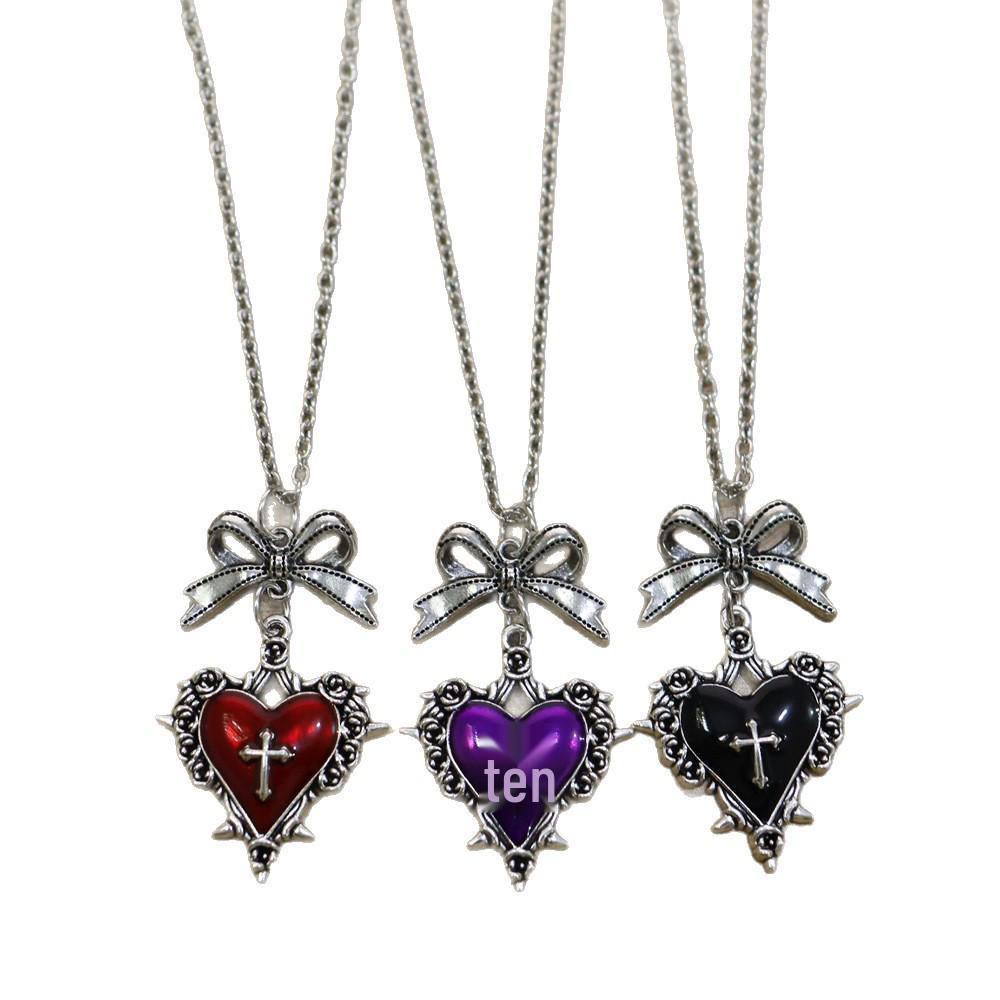 Gothic Punk Thorns Heart & Cross Bow Necklace - Retro Clavicle Chain, Ins Style