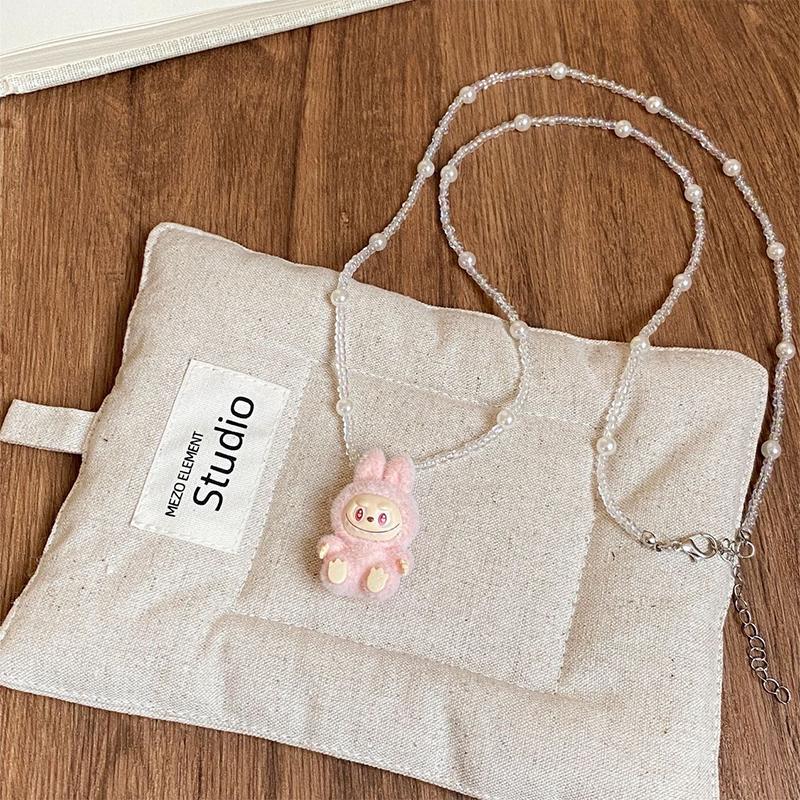 Красочное ожерелье из бусин Labubu для женщин 2025 Новый популярный модный аксессуар Нишевый дизайн Цепочка на ключицу розовый