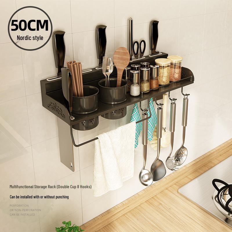 Wall-Mounted 304 Stainless Steel Kitchen Rack: Punch-Free Knife Holder & Multifunctional Seasoning Storage.