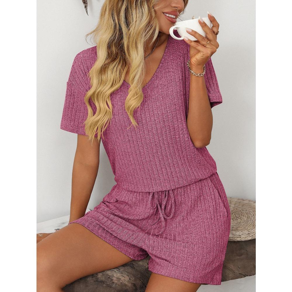 Sommer Neu Einfarbig Rippenstreifen Pyjama Kurzarm Hausanzug Set