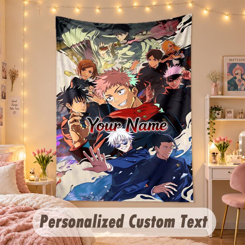Benutzerdefinierter personalisierter Wandteppich, Jujutsu Kaisen Druck Benutzerdefinierter Name Text Wandkunst zum Aufhängen für Schlafzimmer
