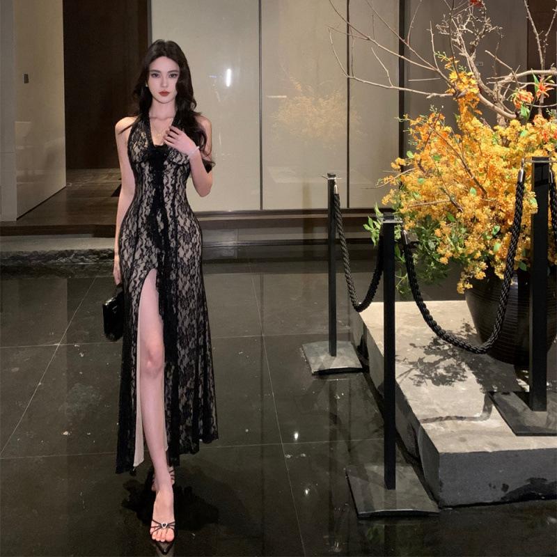 

New Celebrity Sexy Lace Deep V-Neck Neck Dress Flower Skinny Lotus Leaf Split Dress L чорний