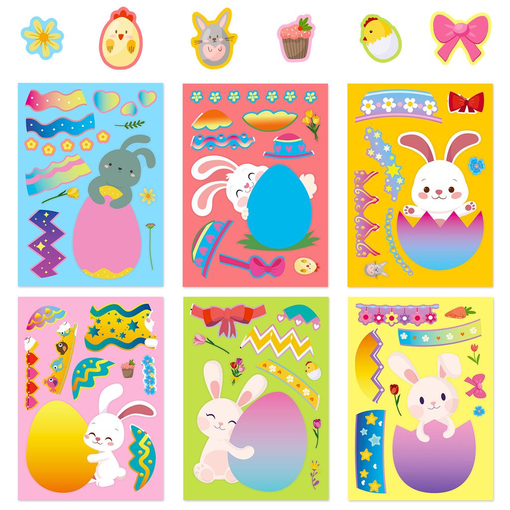 6 Photos/pack of Rabbit Egg DIY Stickers Cartoon Cute Style Puzzle Enlightenment Parent-child Interactive Puzzle Exchange