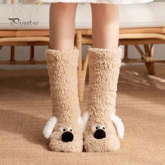 1 Pair Adult Winter Floor Socks Cartoon Dog Design Thickened Plush Double Warmth Anti-slip Long Socks Holiday Gift
