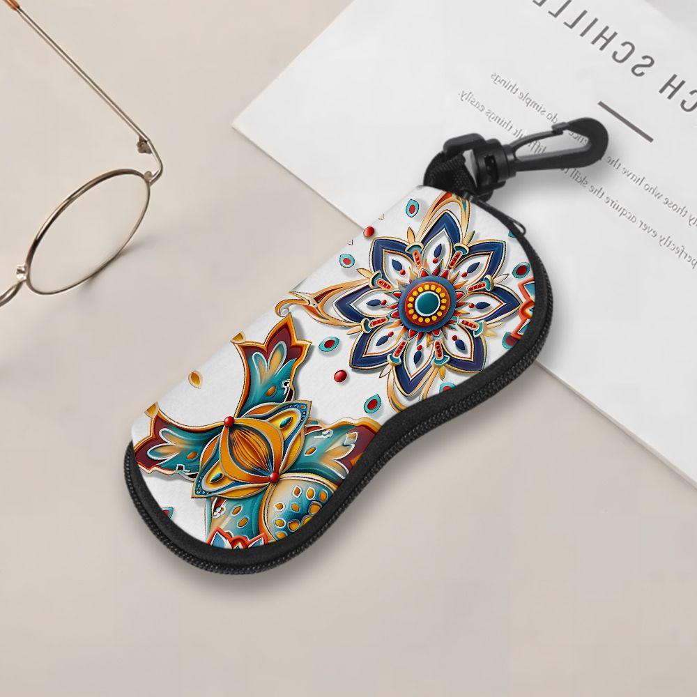 2D-Bohemian Floral Pattern Zipper Sunglasses Case, Vintage Mandala Print Eyeglasses Protector, Portable Protective Eyewear Holder for Women Travel