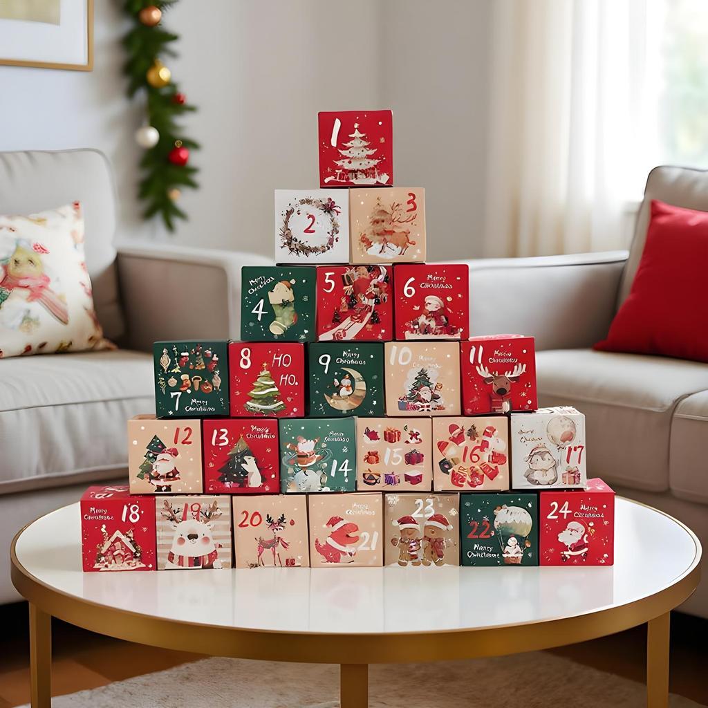 24-Day Empty Christmas Countdown Box Set Numbered Fillable Containers for Candy Chocolate Winter Holiday Decoration Organizer