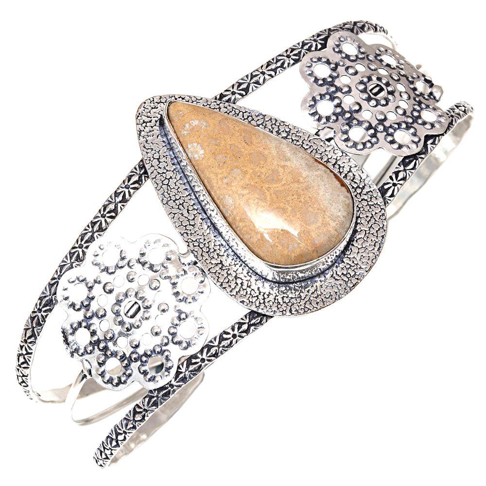 

Fossil Coral Gemstone Handmade Jewelry Cuff Bracelets 7 Adjustable