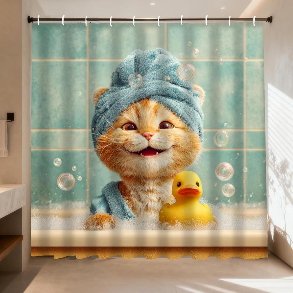 Cat Bath Time Printed Shower Curtain Whimsical Animal Artwork For Pet Lover Bathroom Decor