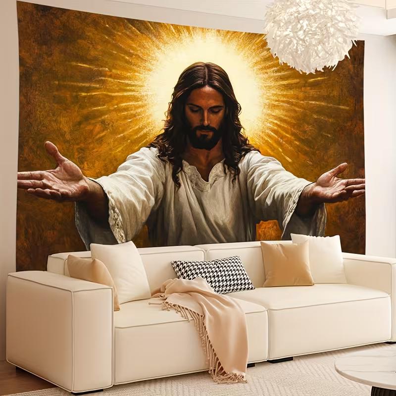 2D Jesus Open Arms Backdrop, Christ with Radiant Halo Photography Background, Christian Religious Banner
