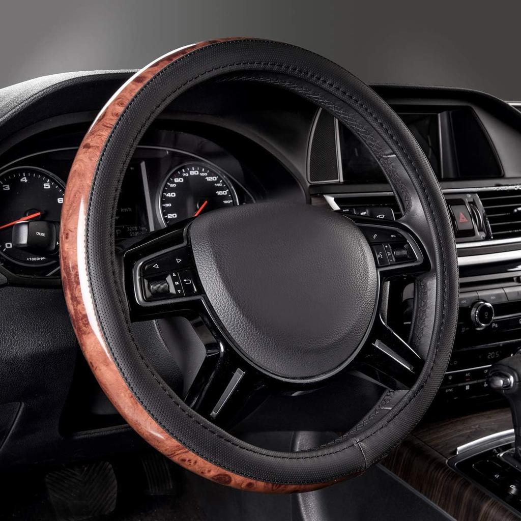 CAR PASS Wood Grain Microfiber Leather Steering Wheel Cover, Universal Fit For 14 1/2-15 Inch Black Steering Wheel, Anti-Skip Ve Design,Cars,