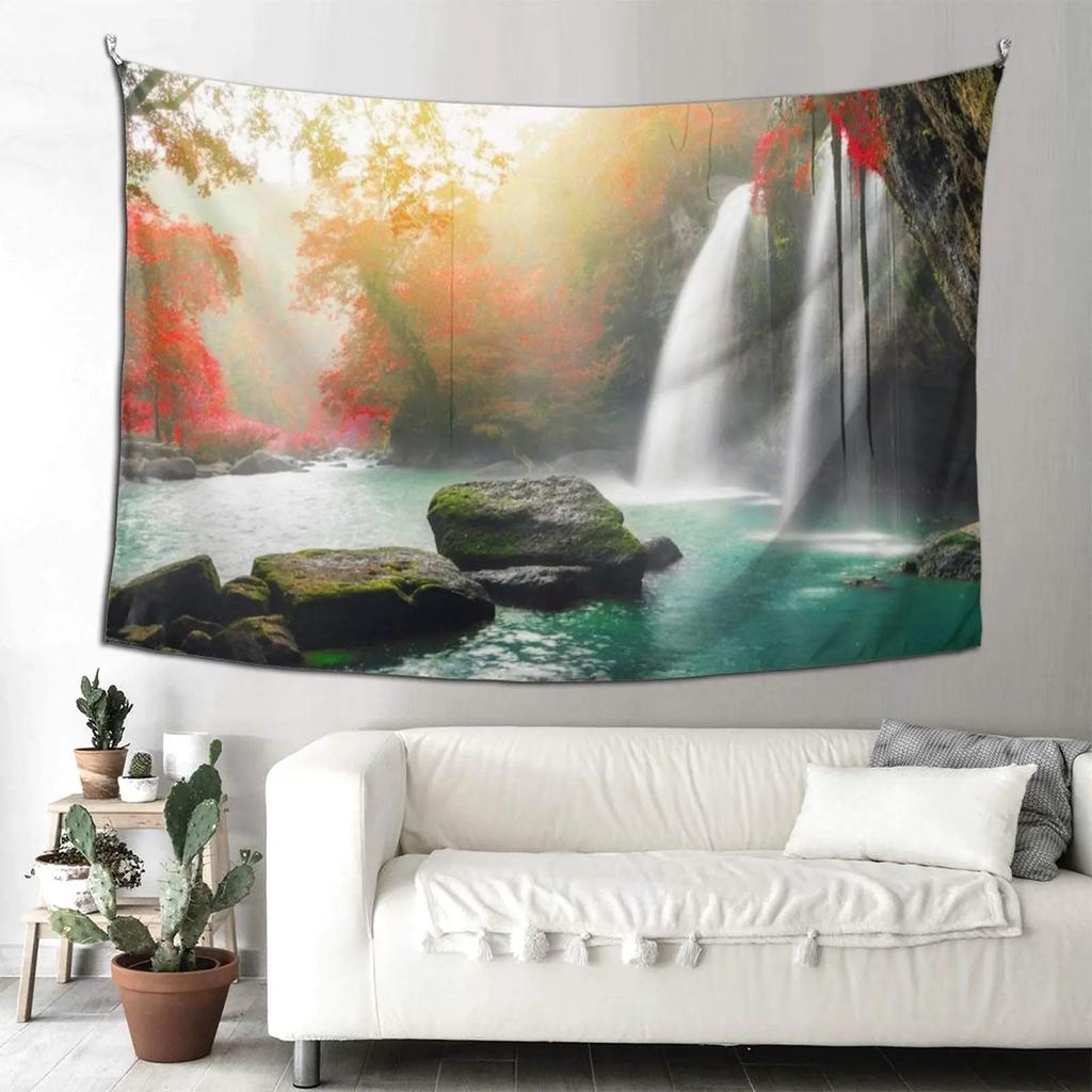 Enchanted Forest Tapestry Serene Waterfall Wooden Path Unique Wall Art for Home Decor Bedroom Nature Lover Gift
