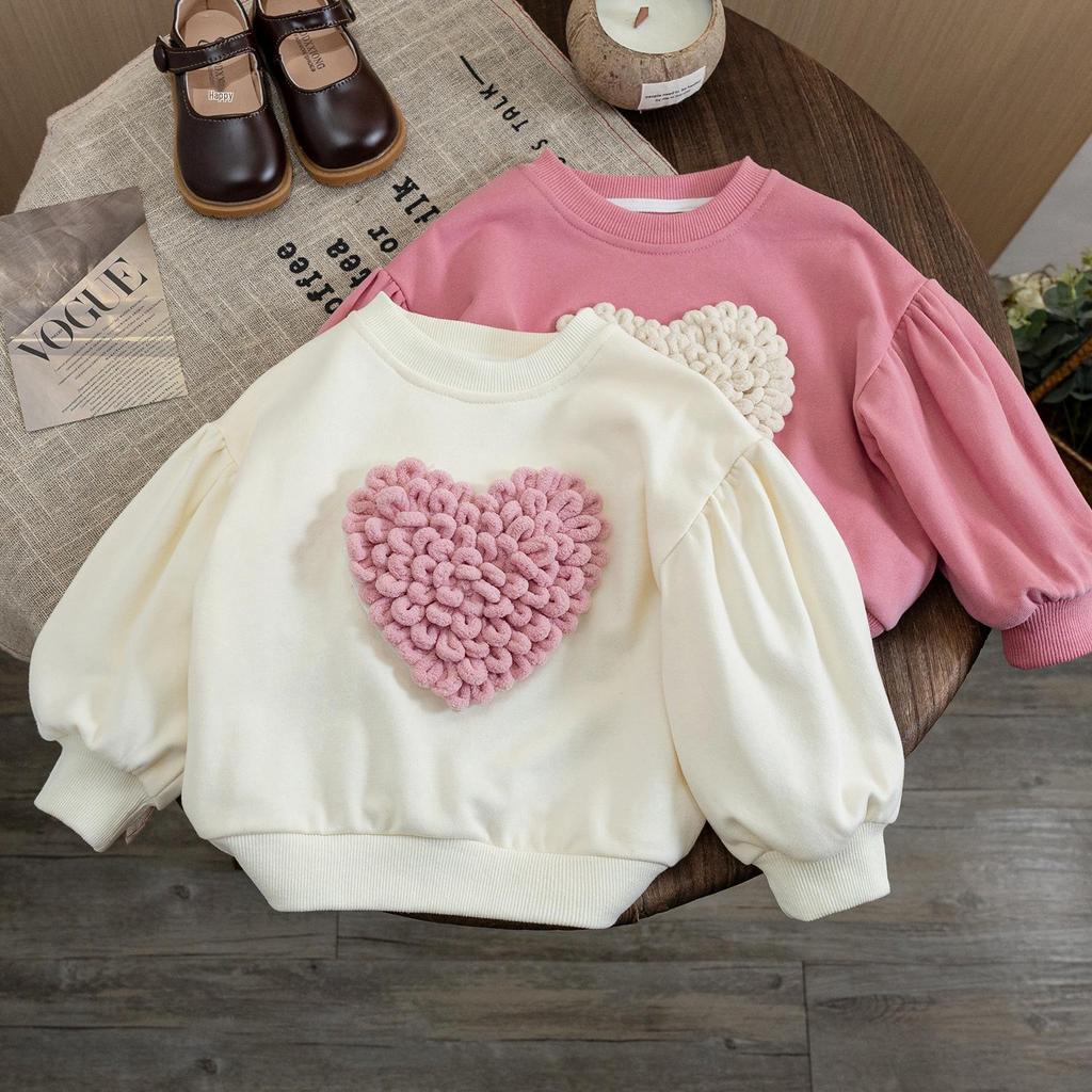 Girls' 2025 Autumn Heart Design Loose Pullover Top