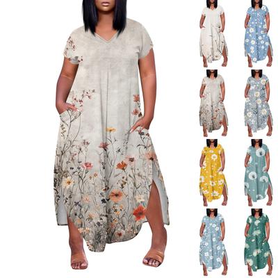 Women Floral Maxi Dress Summer Casual Short Sleeve Dress Sundress V-Neck Long Dresses With Pockets Beach Vacation