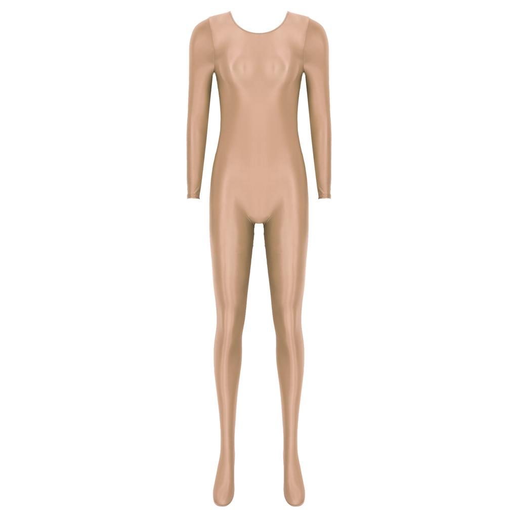 Womens Smooth Long Sleeve Bodystocking Nightwear Solid Color Round Neck Bodysuit Sleepwear