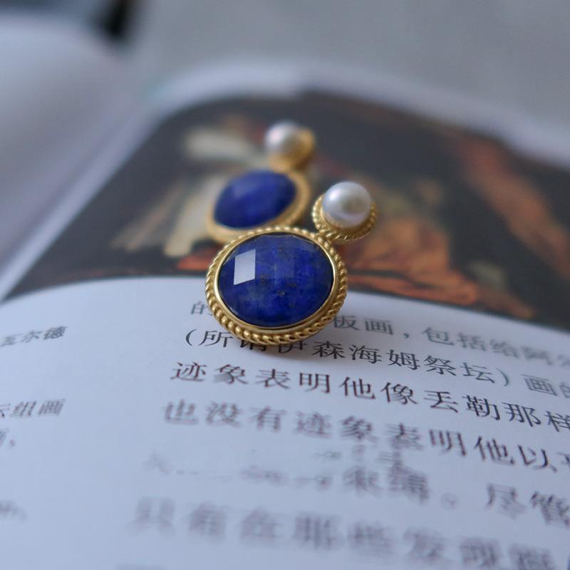 Vintage Style Exquisite Pearl Round Lapis Lazuli Earrings For Women  Inlaid Classic Blue Stud Earings Jewelry Gift