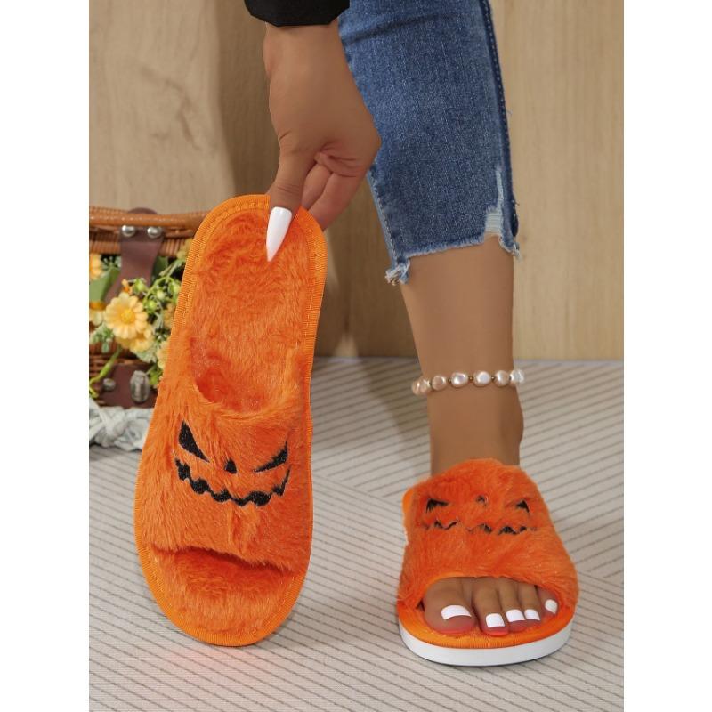 Women's Slippers Women's Halloween Jack-O-Lantern Slippers Soft Plush Comfortable Open Toe Wear Plush Slippers