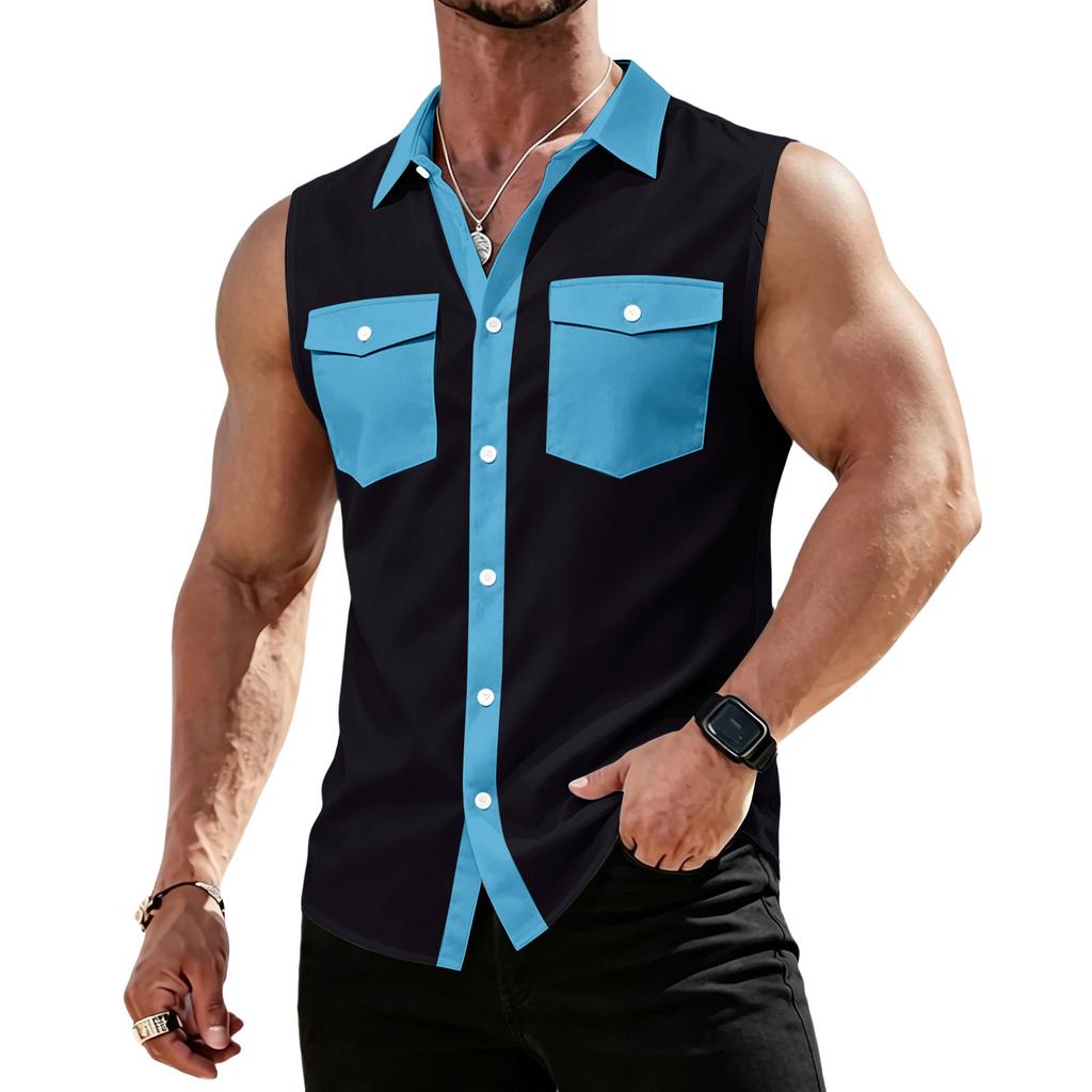 Men's Workwear Lapel Button-Down Vest Shirt - Lightweight Sleeveless Top