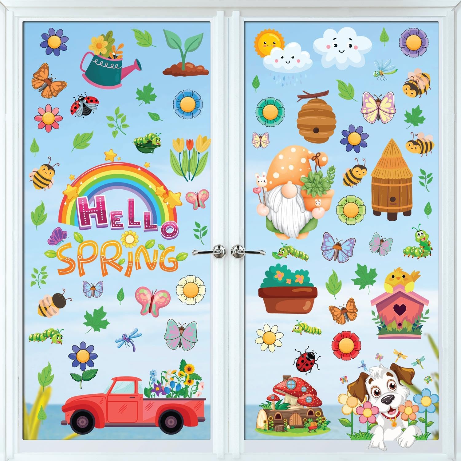 WALPLUS Spring Window Clings Spring Decorations Flower Window Clings Reble Removable for Glass Windows Living Room Nursery Room Home Colourful Cute Spring Vector