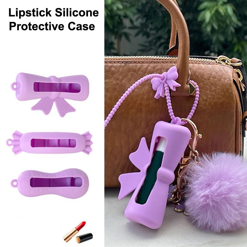 Schleife Süßigkeit Erdnussform Silikon Lippenstiftabdeckung Schlüsselanhänger Tragbar Einfarbige Lippenstift Aufbewahrungstasche Leichtgewicht Lippenbalsam Halter