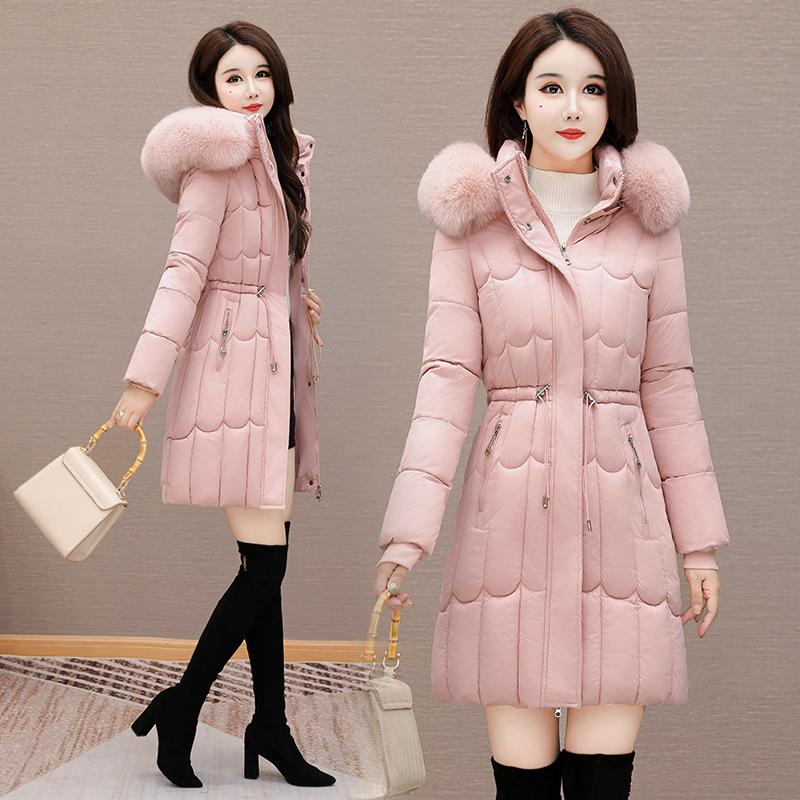 Zahraniční obchod zimní bavlněná dámská nová středně dlouhá korejská verze pas zateplená bavlněná bunda nový bavlněný kabát velký kožešinový límec