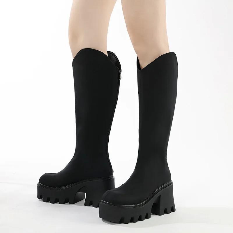 Fashion New Autumn Winter Mid Calf Boots Punk Goth Chunky Platform High Heels Motorcycle Long Boots Women Shoes For Woman Big Size