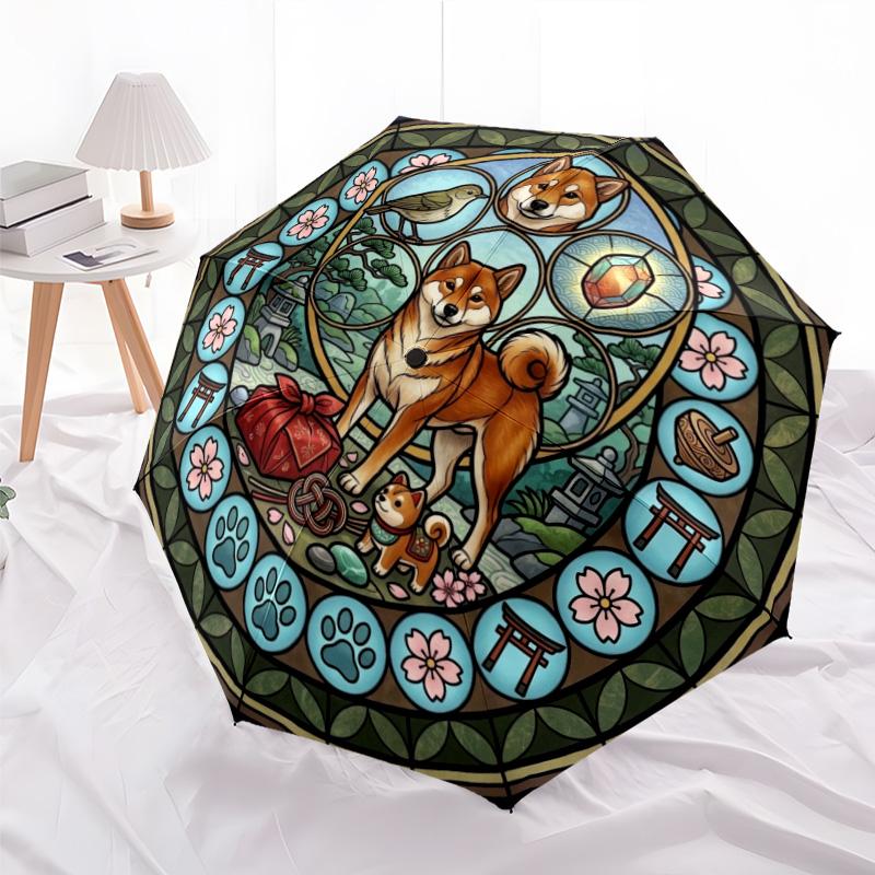 Japanese Shiba Inu Glass Pattern Umbrella, Portable and Foldable Design, 8 Ribs, a Casual Accessory for Halloween, Christmas, and Birthday Gifts.