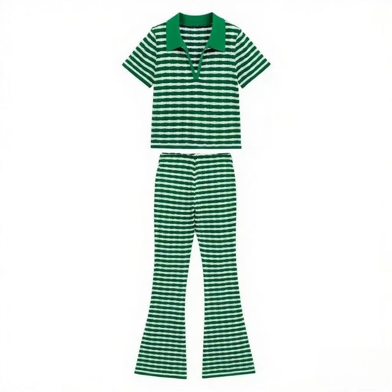 Western Style New Fashion Casual Stripe Top Trousers Set Striped Top and Pants Set