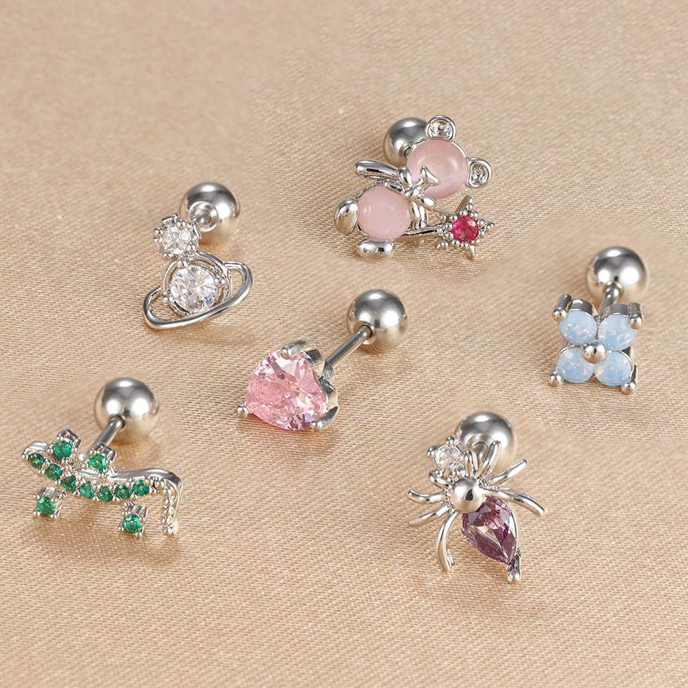 1PC Silver Color Stainless Steel Mini Stud Earrings Women Girls Heart Star Flower Helix Ear Cartilage Piercing Jewelry Gifts
