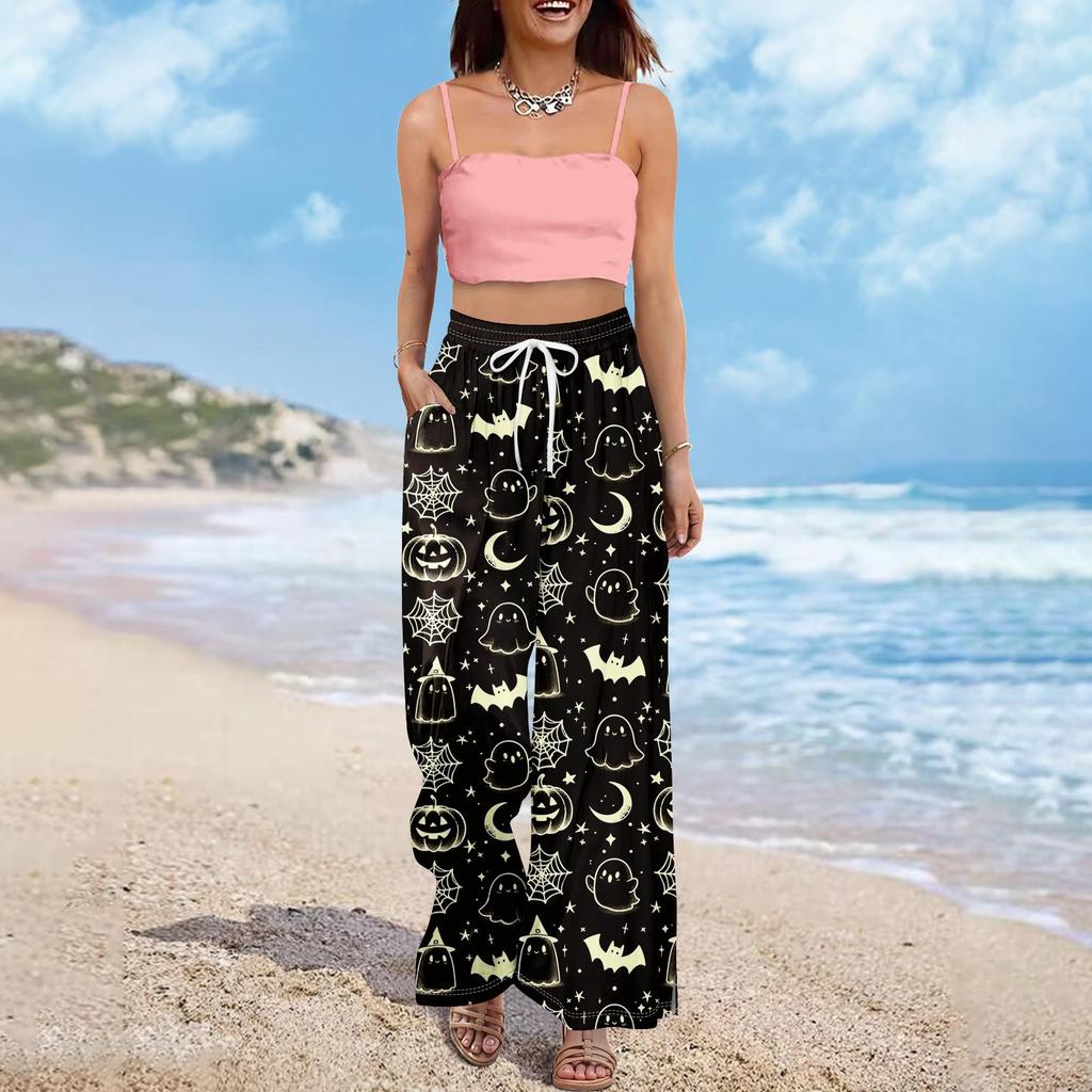 Damen Sommer Boho Palazzo Hose Hohe Taille Weites Bein Halloween Druck Lässige Hose mit Taschen