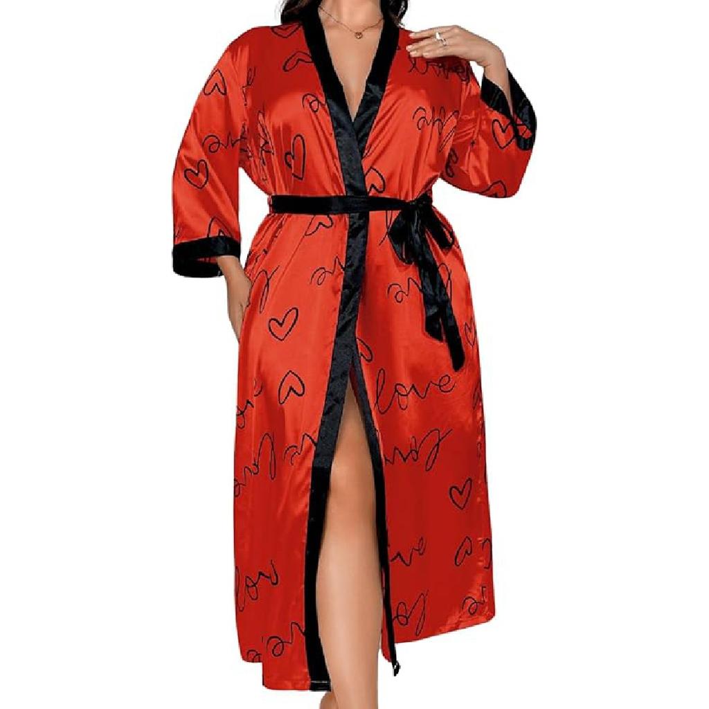 Valentinsdagkåpe i plussstørrelse for kvinner, sexy satengkåpe Langt nattøy