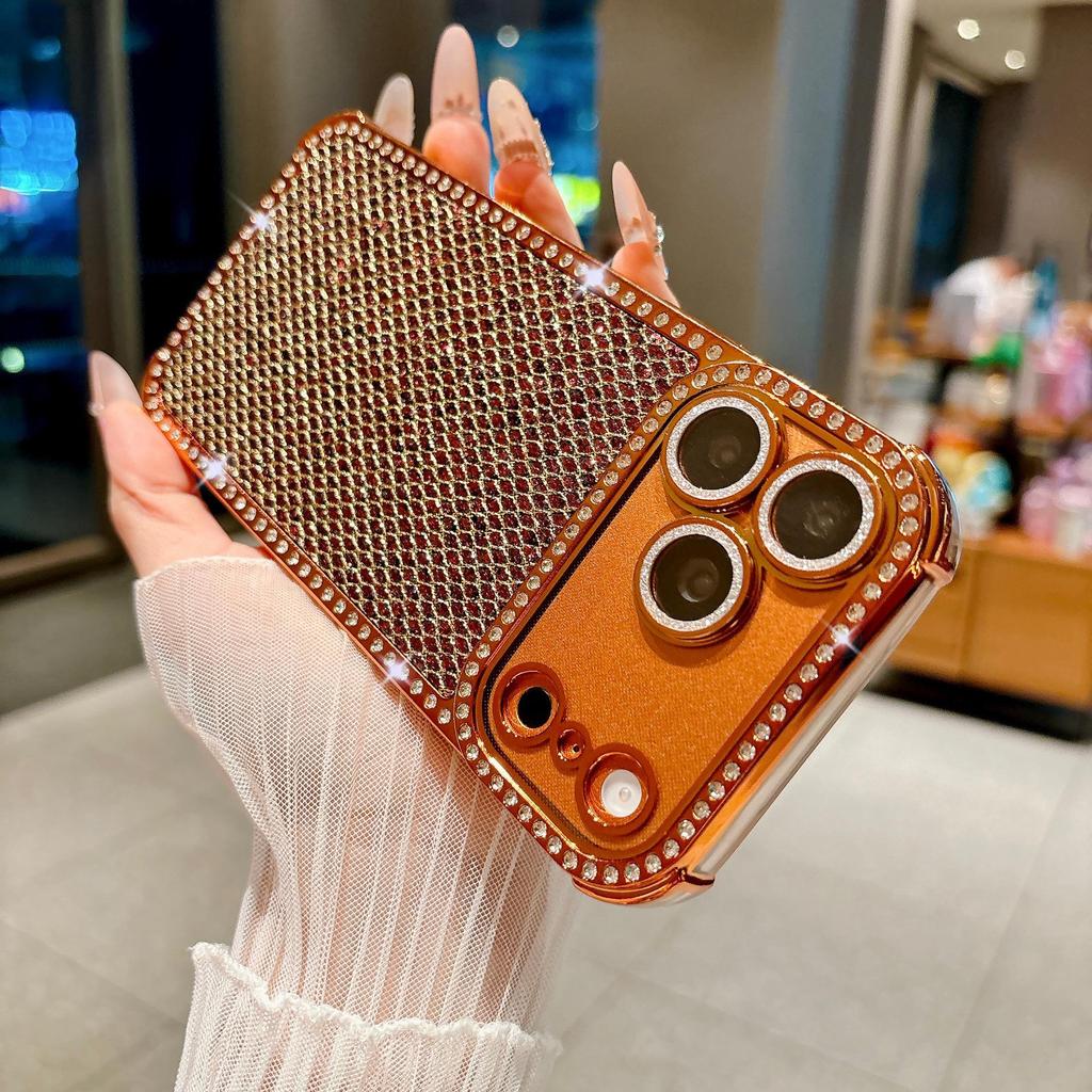 Glitter Diamond Lattice Phone Case with Rhinestones for Apple 17 Pro Max and 16, Four-Corner Drop-Proof, Fits 15