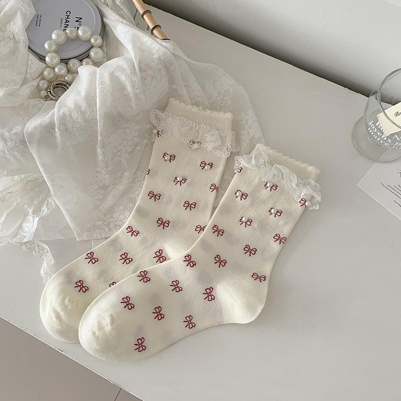 

Female Spring and Autumn Sweet Lace Lace Pin Bead Bow Ballet Style Boneless Drum Pile Socks 1 pair молочный белый