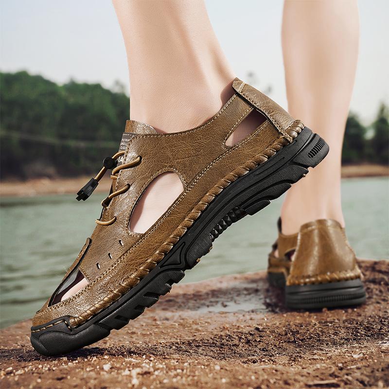 Fashion Summer Outdoor  Comfort Men Sandals Breathable Leisure Beach Vacation Men Hollow Out Shoes Quality Split Leather The Men Sandals