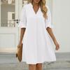 Damen Casual Plain V-Ausschnitt Loose Plissee Fünfviertelärmel Kleid Sommer