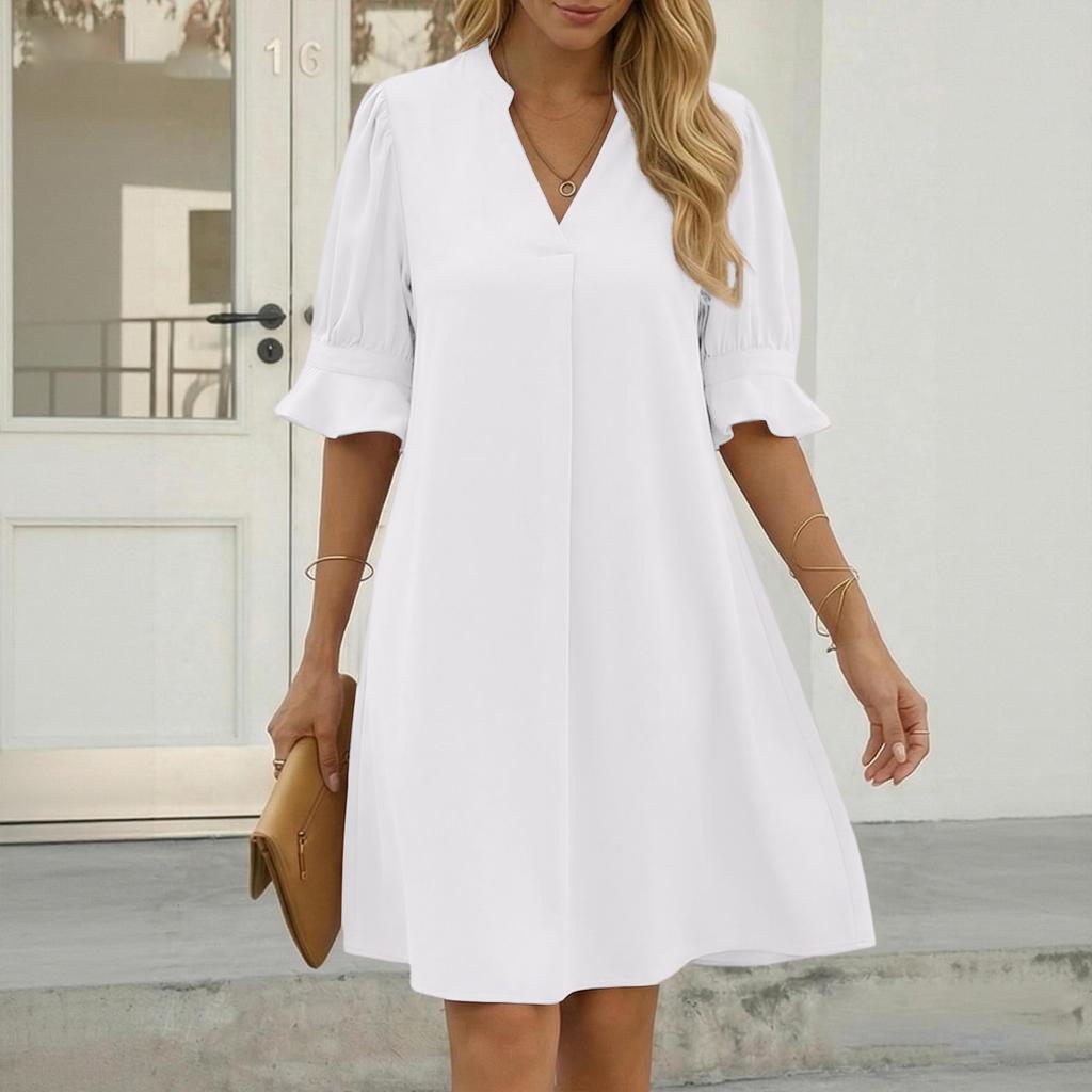 Damen Casual Plain V-Ausschnitt Loose Plissee Fünfviertelärmel Kleid Sommer