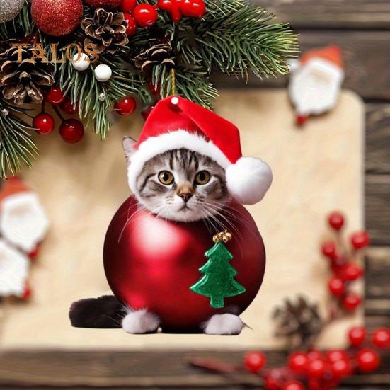 Swinging Cat Car Mirror Hanging Ornament Wearing Christmas Hat Car Pendant Decoration Acrylic Versatile Car Interior Accessories