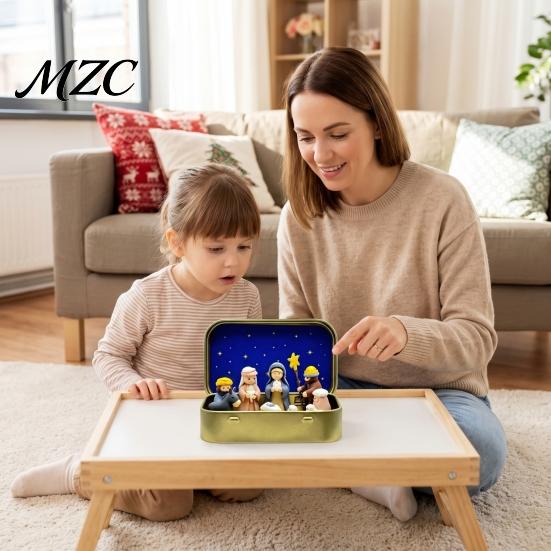Mini Holy Night Figures Christmas Nativity Set in Tin Box, Hand-Painted Resin Scene Family Figurines, Portable Religious Tabletop Decor, Christian