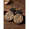 1 Pair New Vintage Brown Disc Printed Black Leaf Patchwork Black Leather Earrings